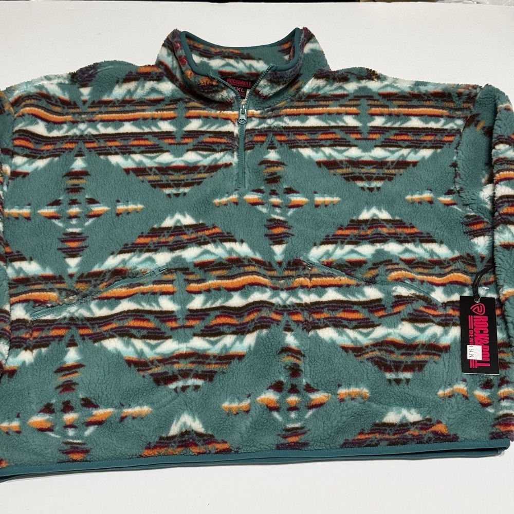 NWT Rock & Roll Denim Aztec Print Teal 1/4 Zip Sherpa Pullover Plus Sz XXL 2XL